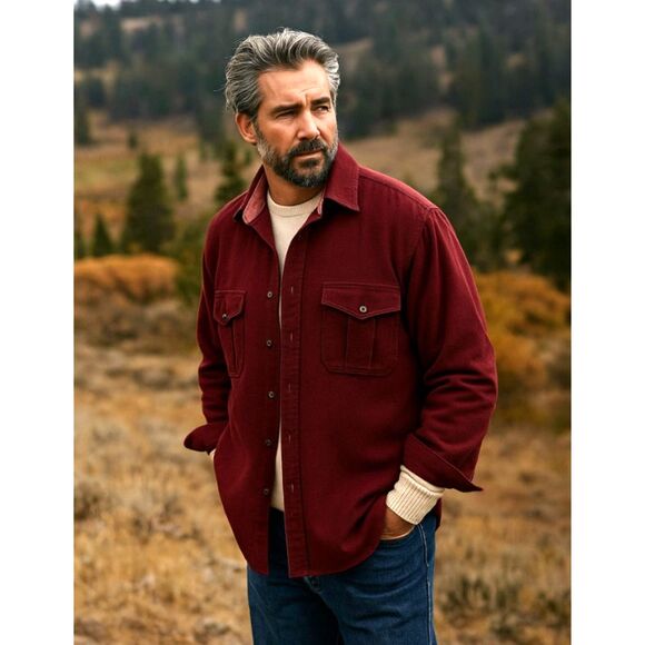 Eddie Bauer Chamois Shirt Mens L Burgundy Chest Pockets Cotton Flannel Button Up - Picture 1 of 14